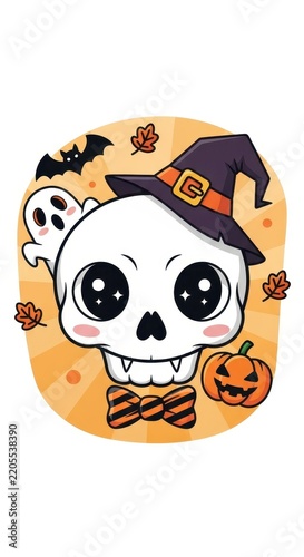 Cute Halloween Skull with Witch Hat and Pumpkin.