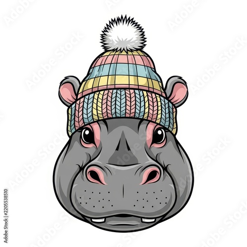 Cute Hippopotamus Wearing Colorful Knit Beanie with Pom Pom.