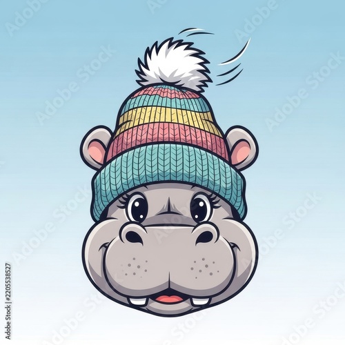 Cute Hippopotamus Wearing Colorful Knit Beanie Hat.