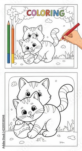 Cute Kitten Coloring Book Pages with Pencils.