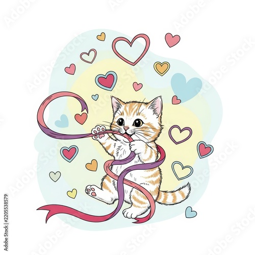 Cute kitten playing with pink ribbon and hearts.