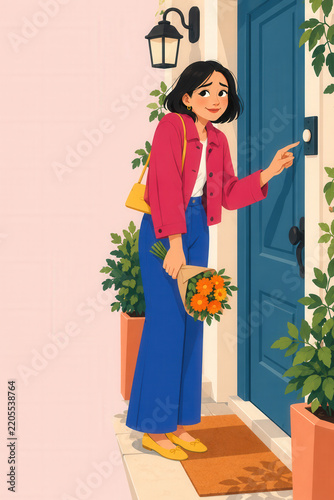Woman Holding Flowers and Reaching for a Doorbell