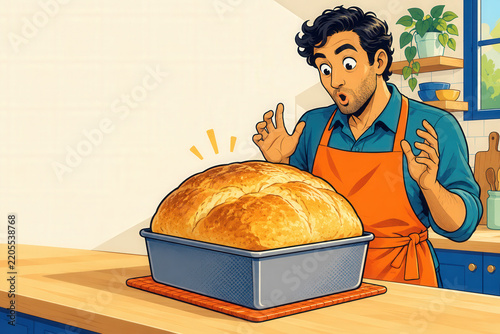 Surprised Man with an Oversized Loaf of Bread in a Kitchen