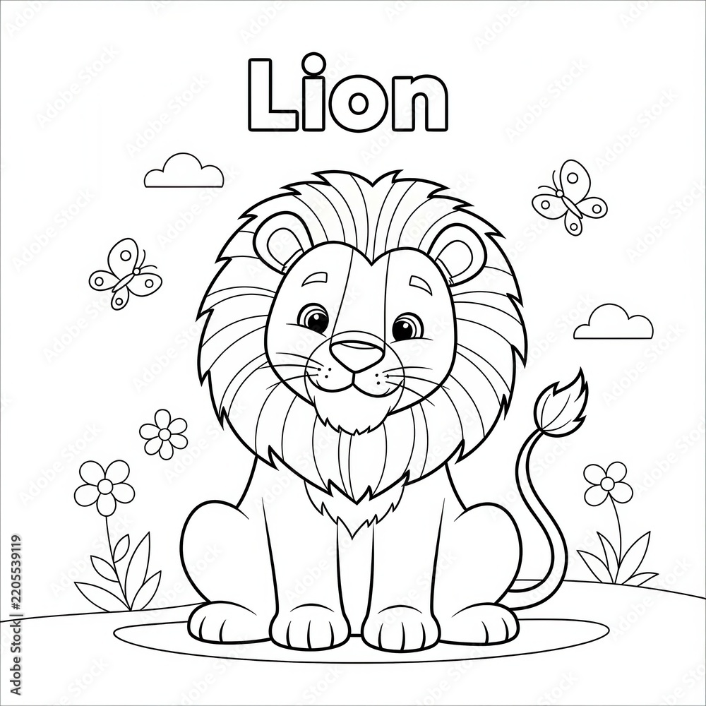 Fototapeta premium Cute Lion Coloring Page with Butterflies and Flowers.