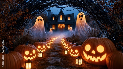 Spooky Halloween scene with carved pumpkins, glowing lanterns, and spectral figures leading to a haunted house