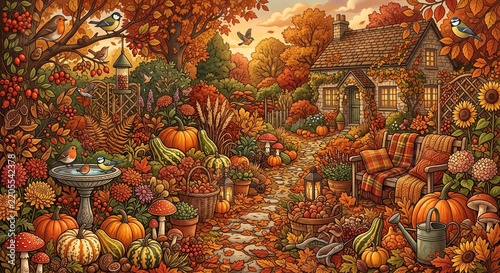 Maximalist autumn garden illustration