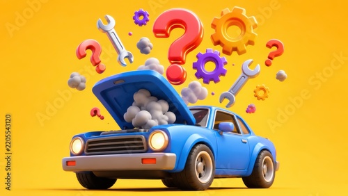 Blue Sports Coupe with Smoking Open Hood Floating Gears and Question Marks 3D Illustration