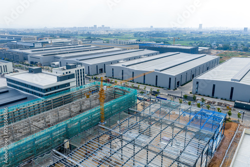 Modern industrial park factory construction site and manufacturing facility development