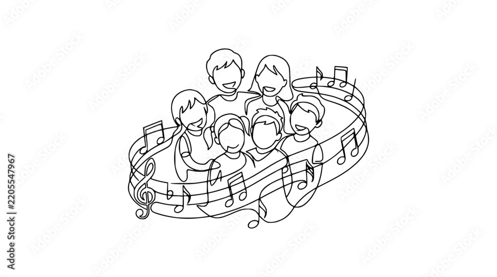 Obraz premium Group of diverse people singing happily with musical notes, isolated on transparent background