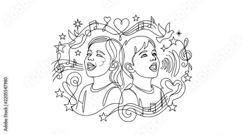 Children singing together, surrounded by musical notes and symbols, isolated