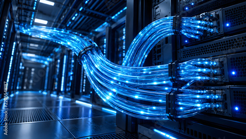 Obraz na płótnie Server rack cables 3D render, glowing fiber optic cables, data center technology background