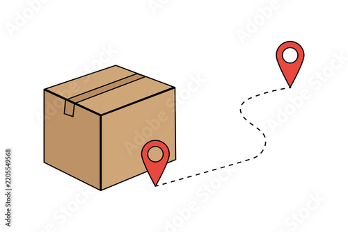 Parcel delivery route concept with cardboard box and map location pin icons connected by a dashed tracking line