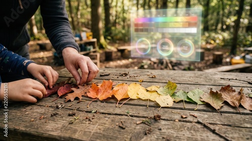 woodland classroom for children concept. Hands arranging autumn leaves on a wooden table with a digital color analysis overlay.