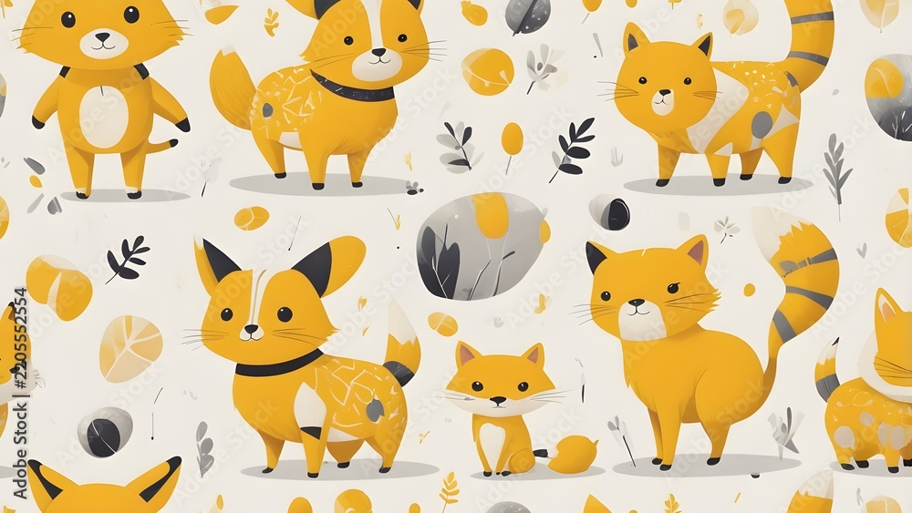Fototapeta premium Cute Cartoon Yellow Animal Seamless Pattern Background, Adorable Whimsical Foxes and Dogs Illustration for Kids Design