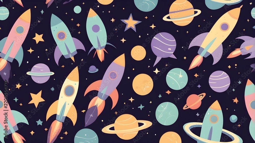 Fototapeta premium Cute seamless pattern with colorful cartoon rockets, planets, and stars in outer space. Whimsical cosmic galaxy background design.