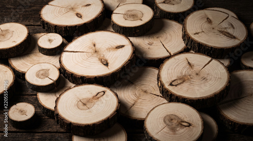 Top view of many small round wooden logs scattered on a dark rustic background.