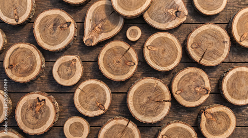 Top view of many round wooden logs arranged on a dark rustic surface.