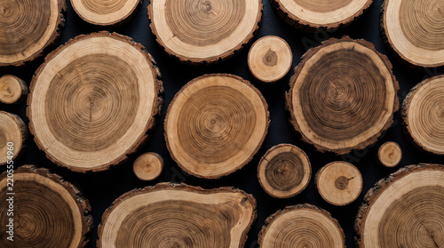 Top view of many circular wooden logs arranged on a dark background.