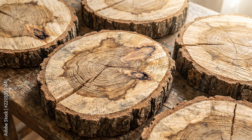 Several round wooden cross sections of tree trunks arranged on a rustic table.