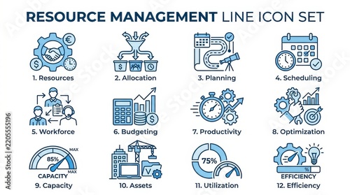 Resource management line icon set for business planning and productivity