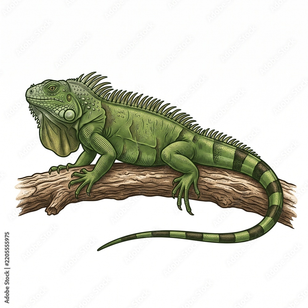 Fototapeta premium Detailed illustration of a green iguana on a tree branch