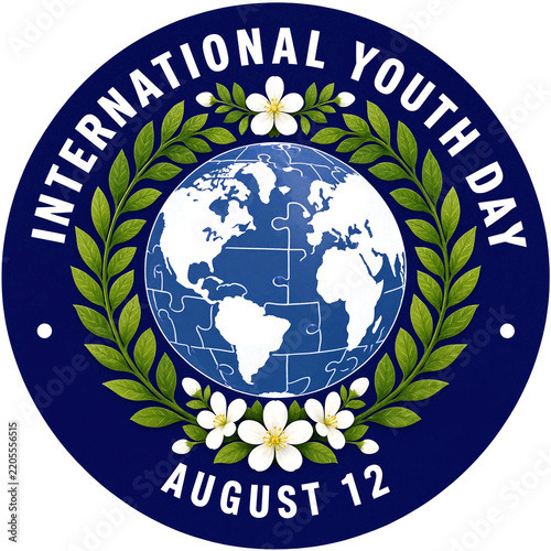 Colorful international youth day logo with globe and laurel wreath design for august celebration