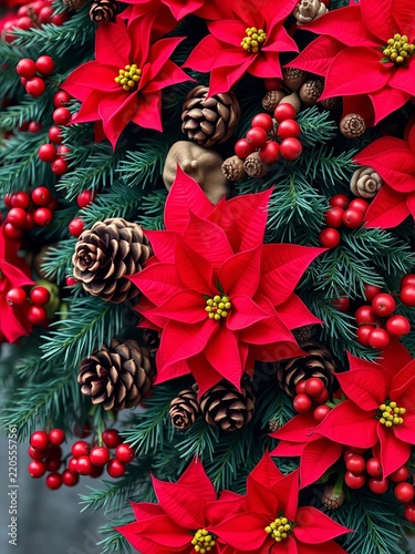 Vibrant red poinsettias mingle with rustic pinecones, juicy berries, and fragrant fir branches in a stunning holiday garland, garland, fir