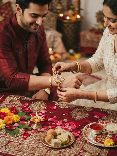 Indian sister tying a rakhi on her brother wrist during the traditional raksha bandhan festival celebration