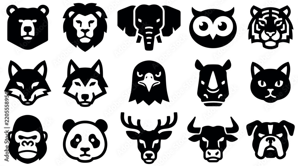 Obraz premium A collection of fifteen stylized black and white animal head icons arranged in a grid pattern