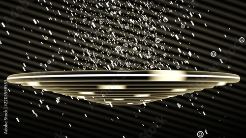 Ring and Dash Particles Falling Around Floating Gold Metallic Podium, Luxury Motion Background and Animated Video Backdrop