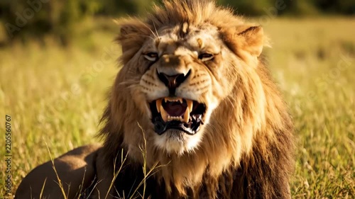 A lion resting on the grassland, a close-up of a lion roaring on the grassland