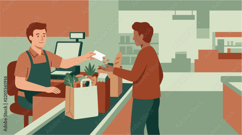 Fototapeta premium Cashier handing receipt to customer at grocery store checkout with