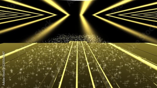 Golden Sparkle Particles on Runway Stage with Crossing Light Beams, Luxury Event Motion Background and Animated Backdrop