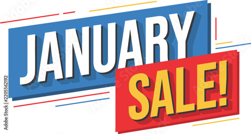 January sale announcement with blue and red banner and yellow accents keywords: january, sale
