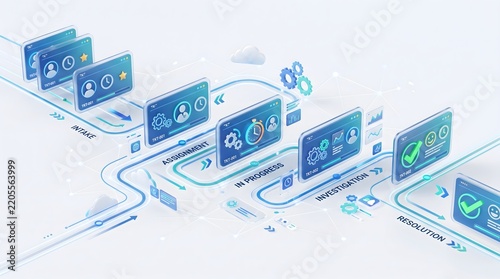 Isometric 3d business process workflow visualization with task cards