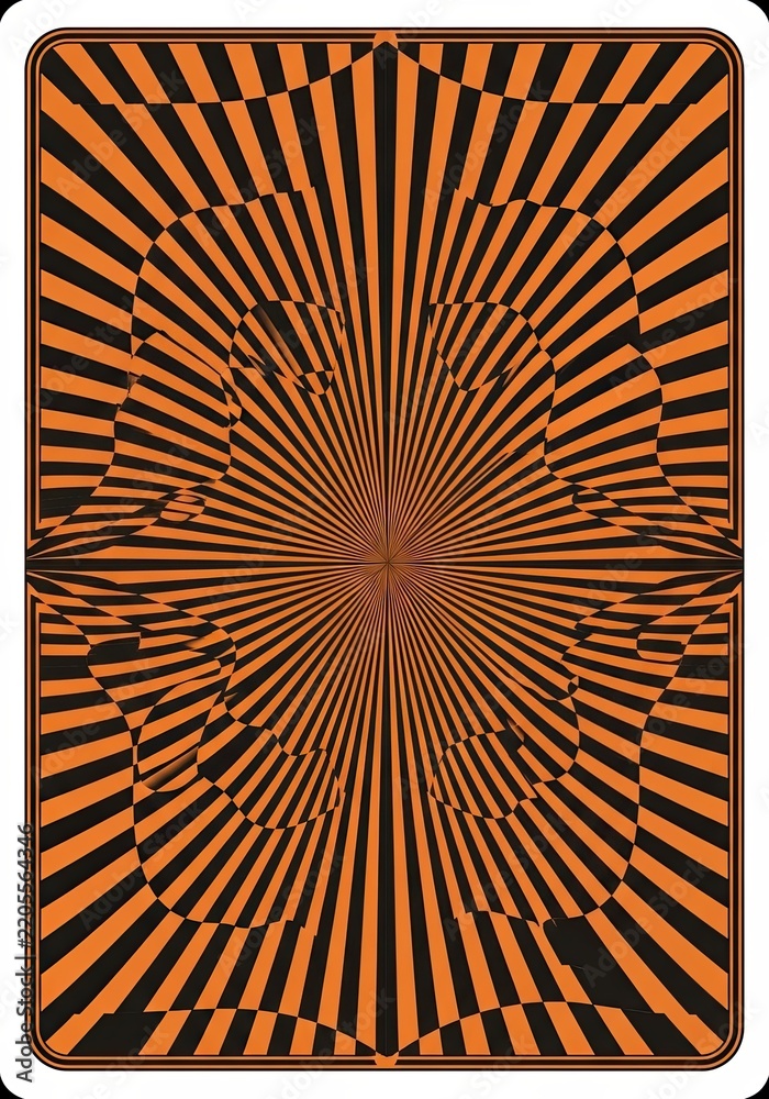 Fototapeta premium Playing card back design with orange and black geometric sunburst pattern