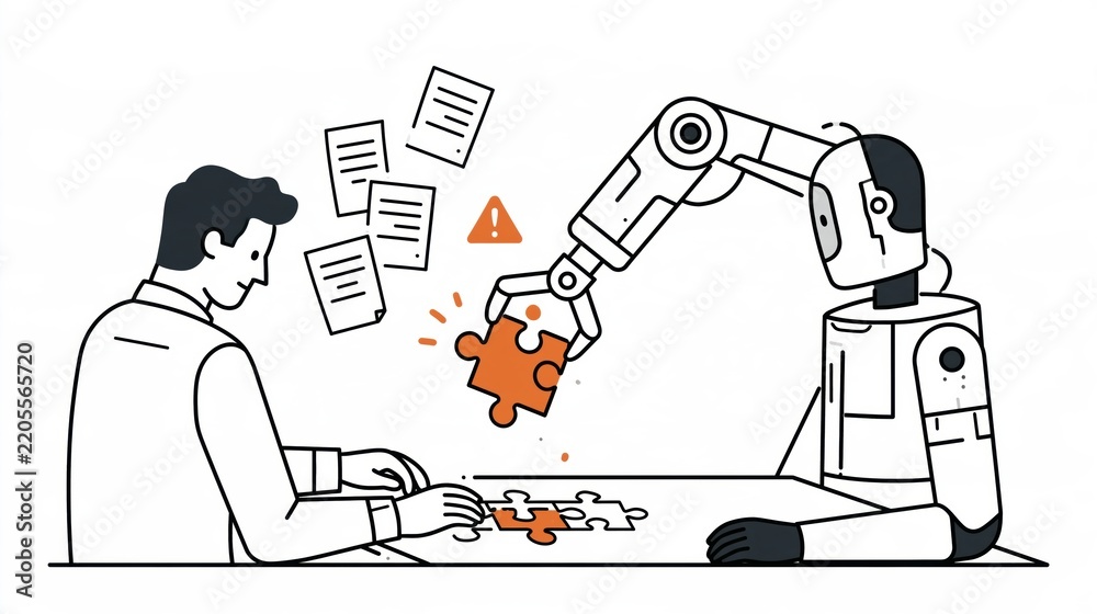 Fototapeta premium An office worker tries to put together a simple business puzzle as an AI robotic arm puts a piece in the wrong spot. Context cards float nearby.