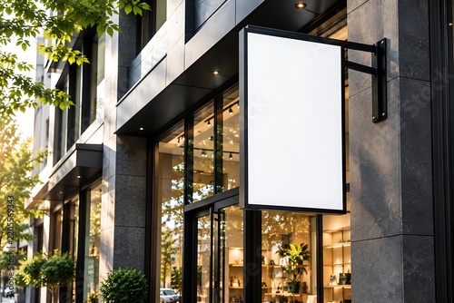 A rectangular blank sign hangs from a building facade illuminated by sunlight and positioned for storefront display advertisement architecture awning