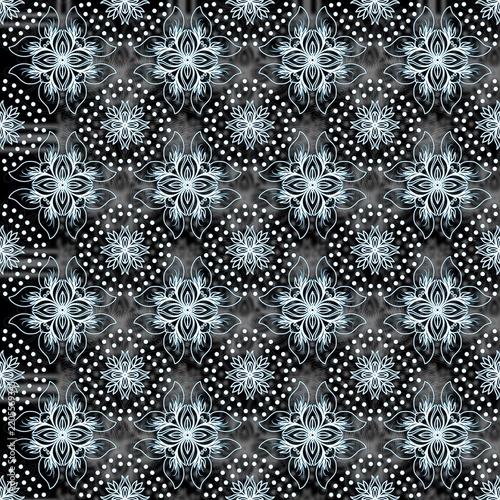 Seamless Abstract Monochromatic Floral and Dot Pattern Background 