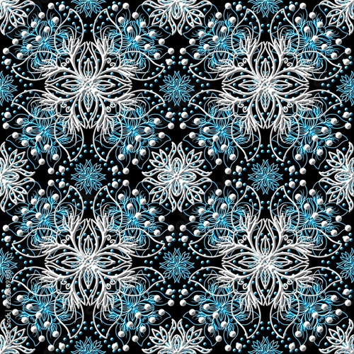 Seamless Abstract 3D Blue and White Floral and Mandala Pattern Background 