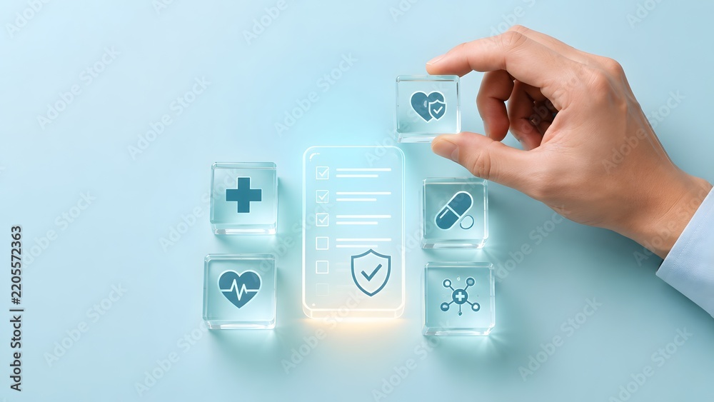Obraz premium Hand Placing Transparent Cube With Medical Insurance Icon On Surface