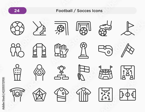 Football and Soccer Line Icons Collection. Sports Equipment, Players, Stadium and Game Symbols
