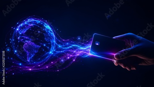 Hand Holding Credit Card Connecting Securely With Global Digital Globe Network