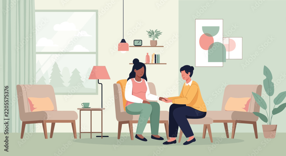 Fototapeta premium Therapist comforting patient in cozy living room setting, transparent background
