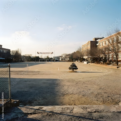 맑은 하늘 아래 평화로운 학교 운동장 전경과 주변의 건물들이 고요하게 자리 잡고 있는 풍경  Peaceful school playground scenery and surrounding buildings settled quietly under a clear sky   