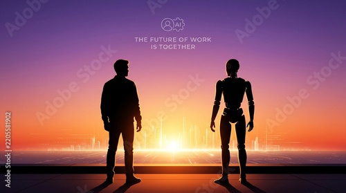 Futuristic AI and human collaboration silhouette at sunset, human standing with android robot, future of work together concept