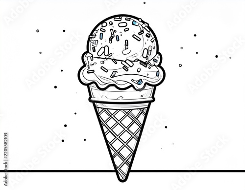 Sweet ice cream cone with sprinkles black and white coloring book page