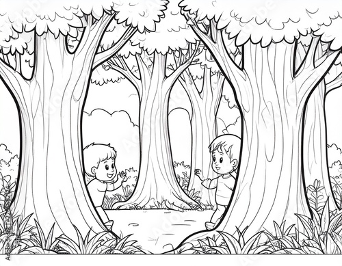 Kids playing hide and seek in the forest black and white coloring book page