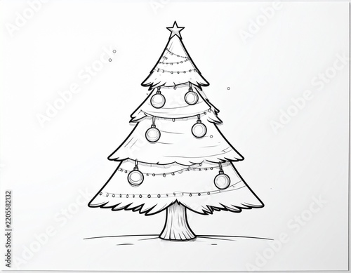 Decorated Christmas tree with ornaments black and white coloring book page