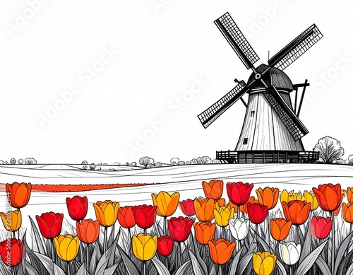  Traditional windmill with tulip flower field black and white coloring book page